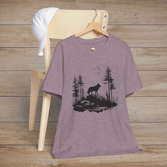 Heather purple t-shirt showcasing a lone wolf silhouetted against a wilderness backdrop of pine trees and birds, symbolizing resilience and solitude