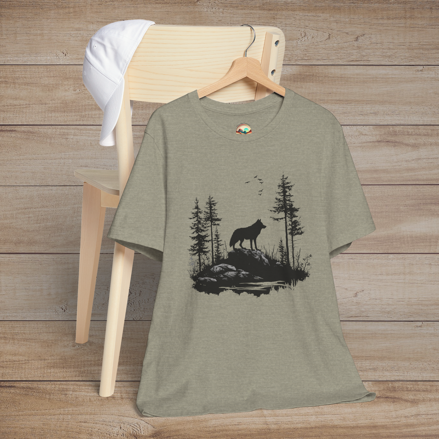 Heather stone t-shirt featuring a bold lone wolf on a rocky ledge with evergreen trees and soaring birds, embodying strength and freedom