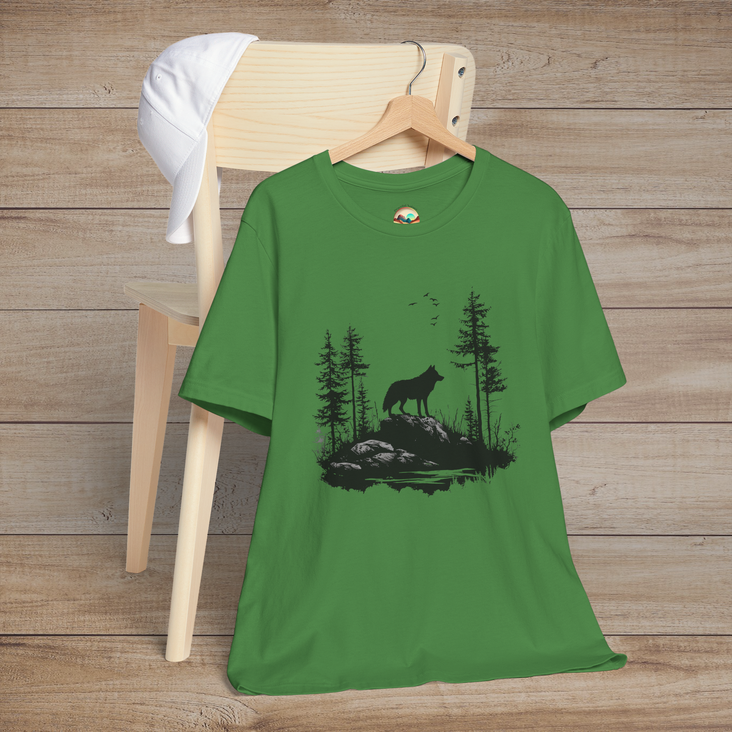 Leaf green t-shirt with a striking design of a lone wolf standing on rocky ground amidst tall pines and birds flying above, representing wild spirit and independence