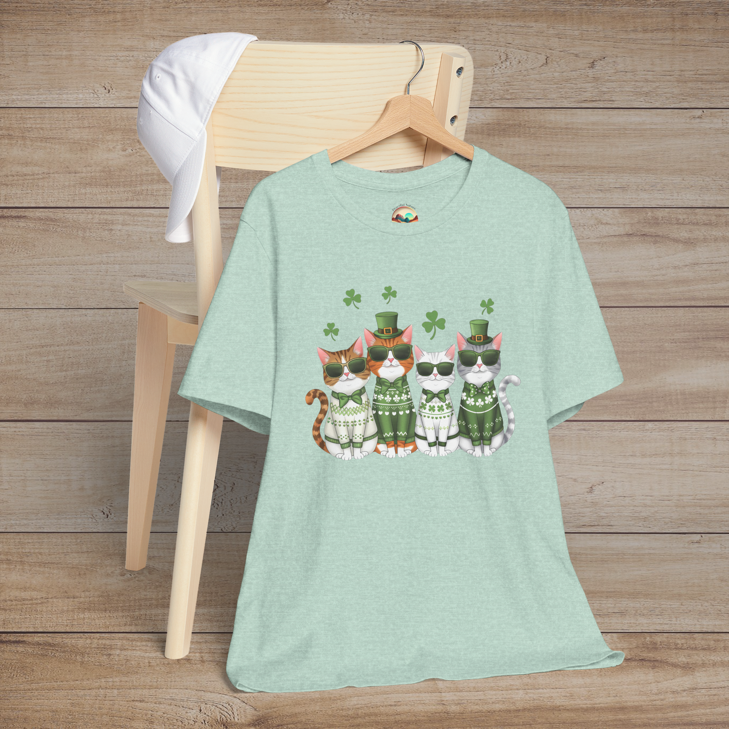 Heather prism mint t-shirt showcasing cute green-dressed cartoon cats with sunglasses and shamrocks for St. Patrick’s Day fun