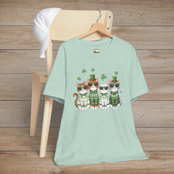 Heather prism mint t-shirt showcasing cute green-dressed cartoon cats with sunglasses and shamrocks for St. Patrick’s Day fun