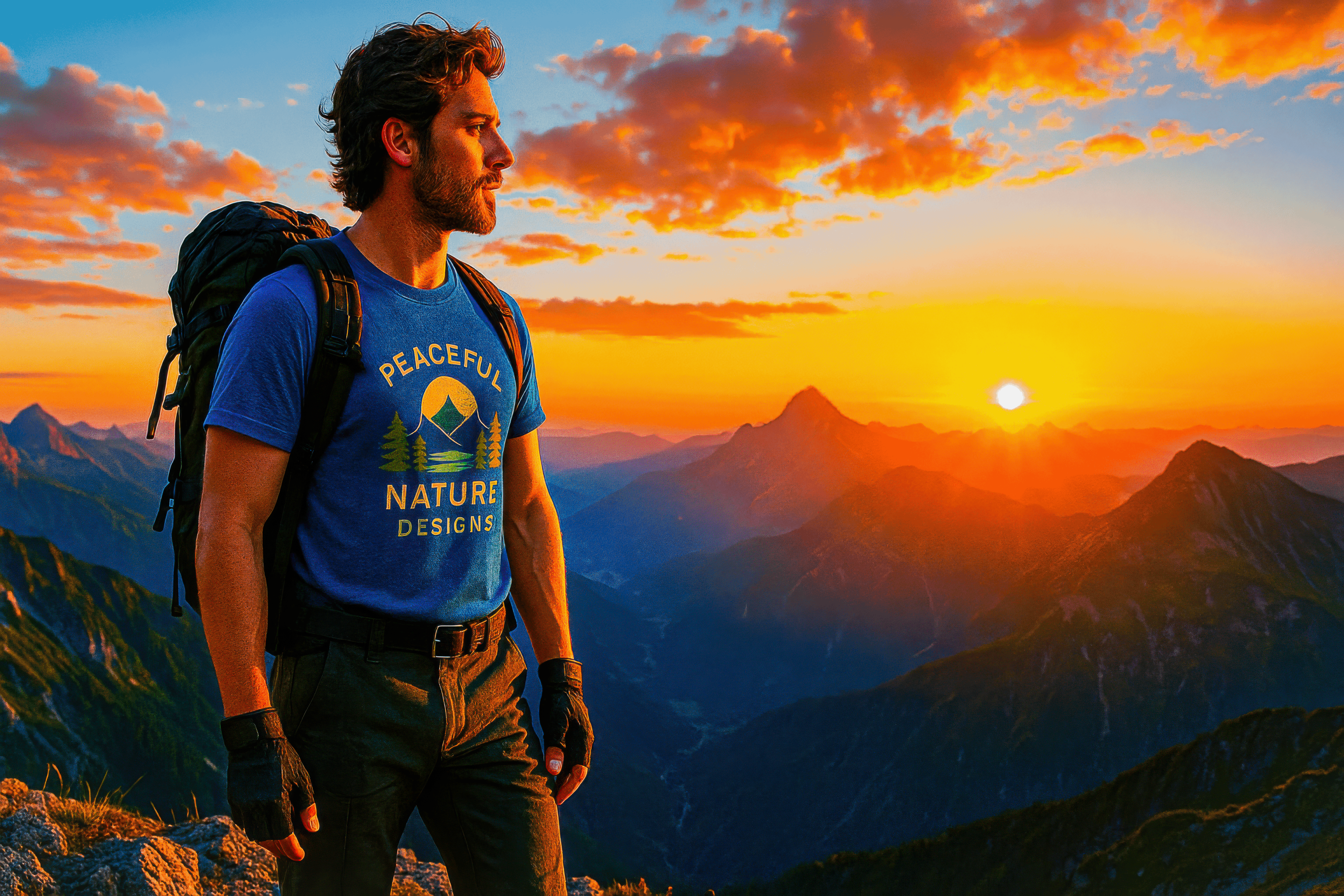 Side profile of a rugged male hiker standing on a mountain peak at golden hour, wearing a "Peaceful Nature Designs" graphic t-shirt, fingerless hiking gloves, and a backpack, with dramatic sunset lighting and alpine peaks in the background.