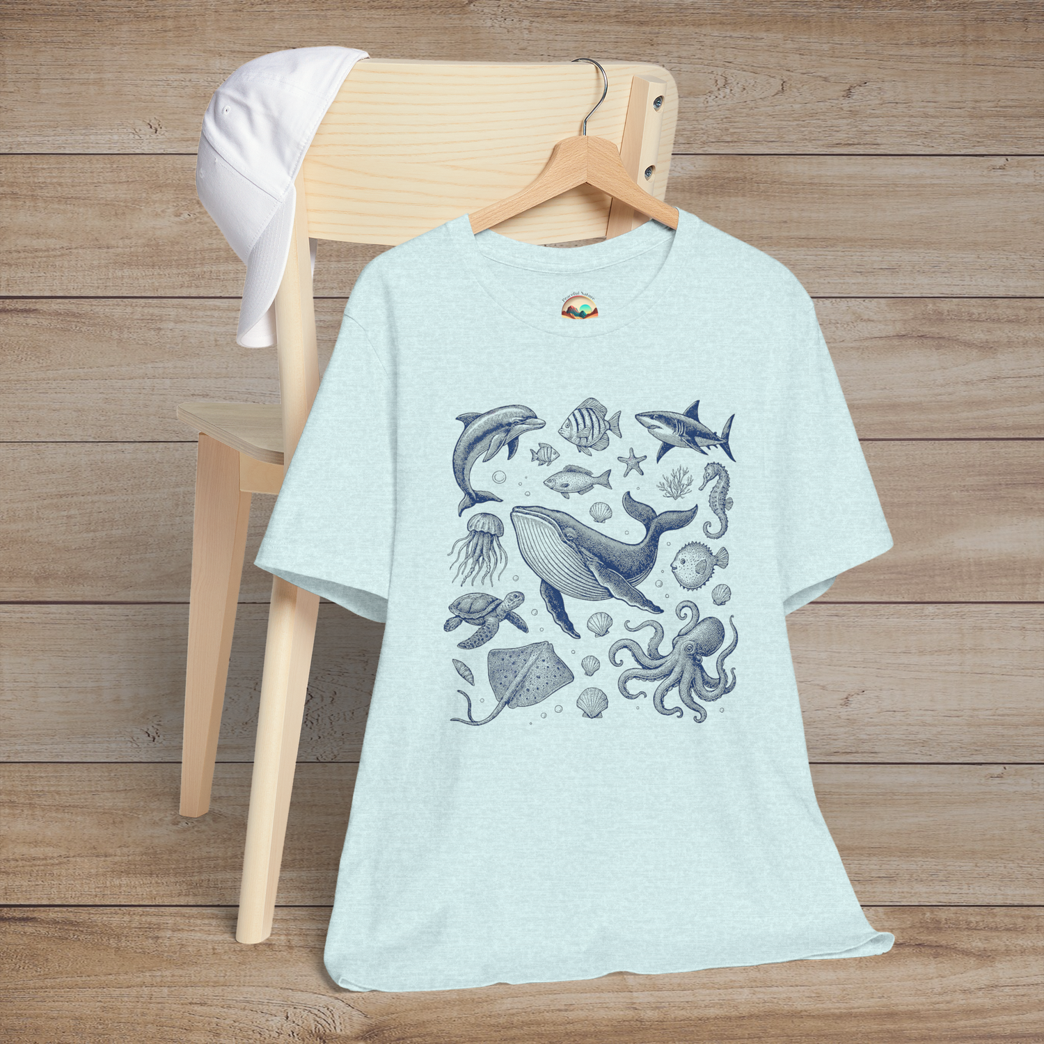 🐋 Deep Blue Wonders – Vintage Ocean Life Graphic Tee for Sea Lovers Heather Prism Ice Blue