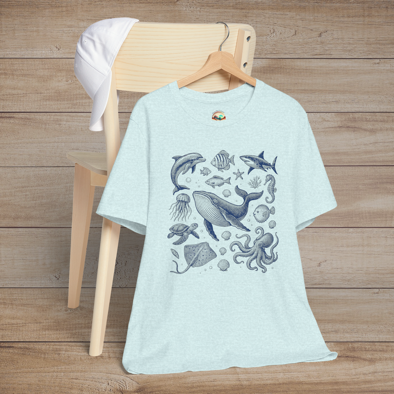 🐋 Deep Blue Wonders – Vintage Ocean Life Graphic Tee for Sea Lovers Heather Prism Ice Blue