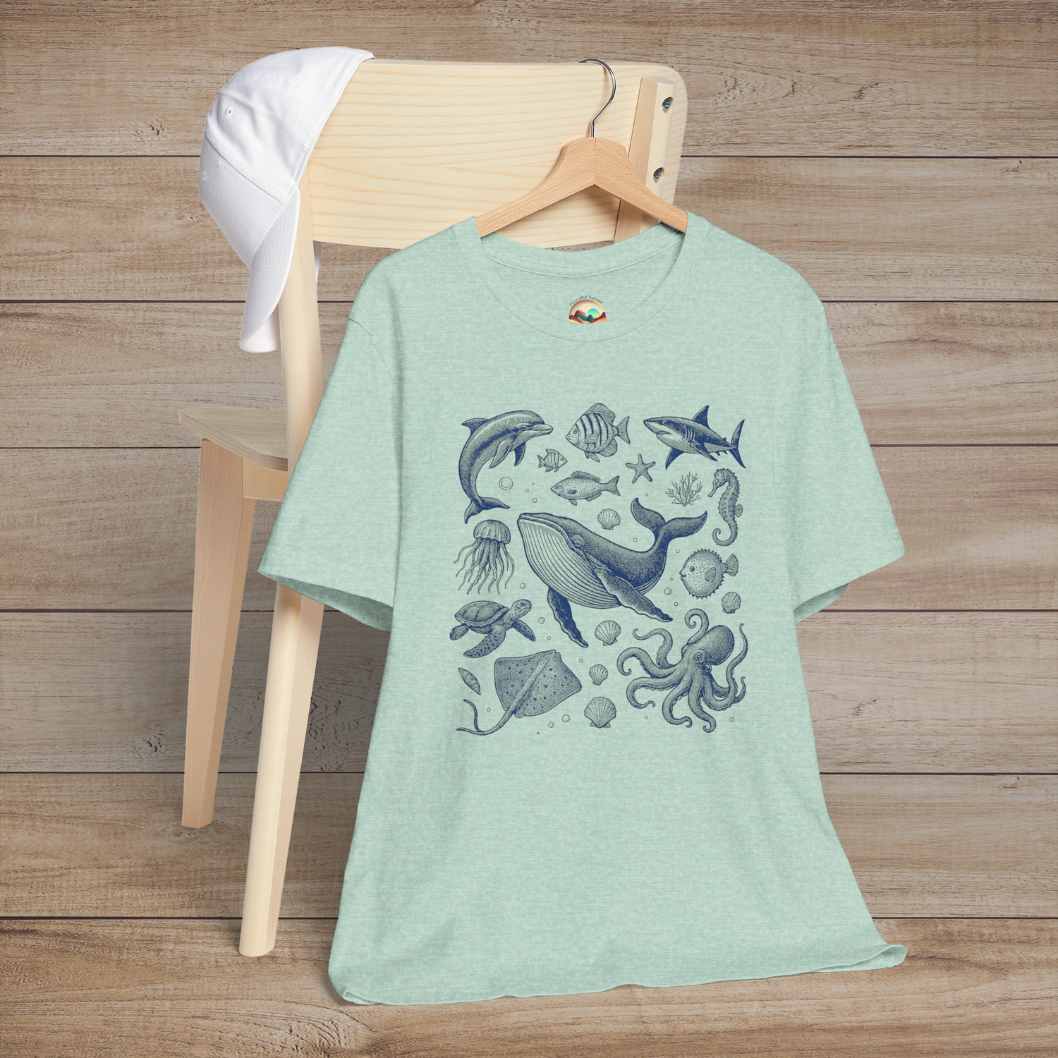 🐋 Deep Blue Wonders – Vintage Ocean Life Graphic Tee for Sea Lovers Heather Prism Mint