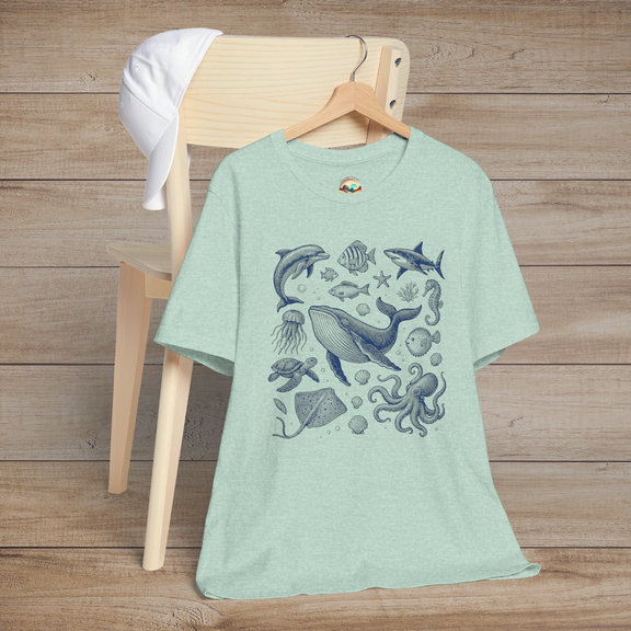 🐋 Deep Blue Wonders – Vintage Ocean Life Graphic Tee for Sea Lovers Heather Prism Mint