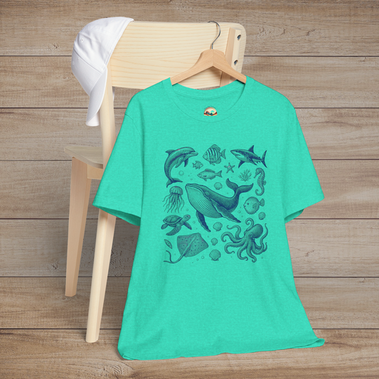 Heather Sea Green t-shirt showcasing a collage of marine creatures in classic scientific illustration style