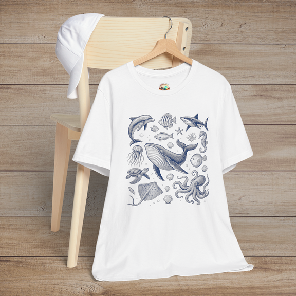 🐋 Deep Blue Wonders – Vintage Ocean Life Graphic Tee for Sea Lovers White