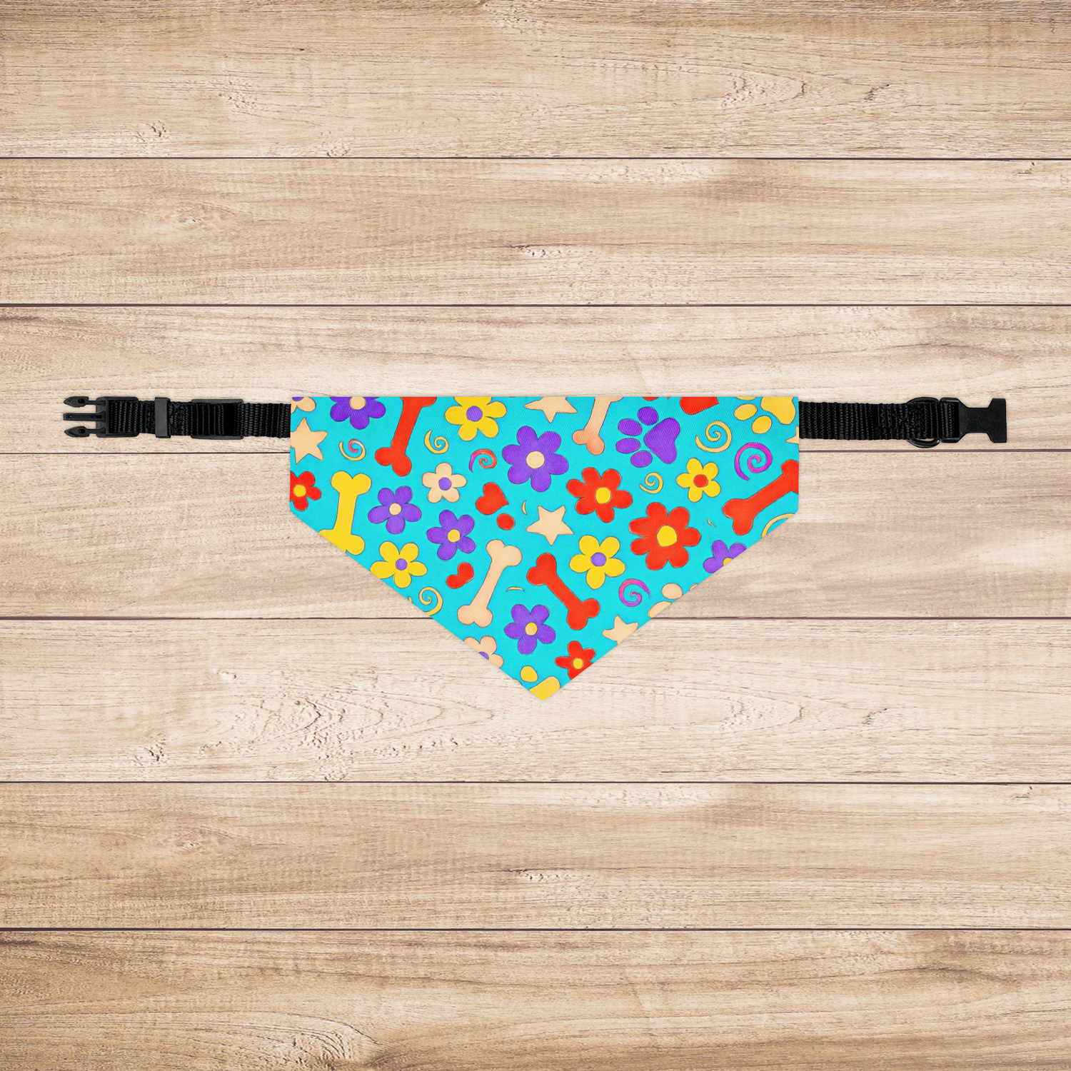 Medium bandana flat on wood background displaying colorful print
