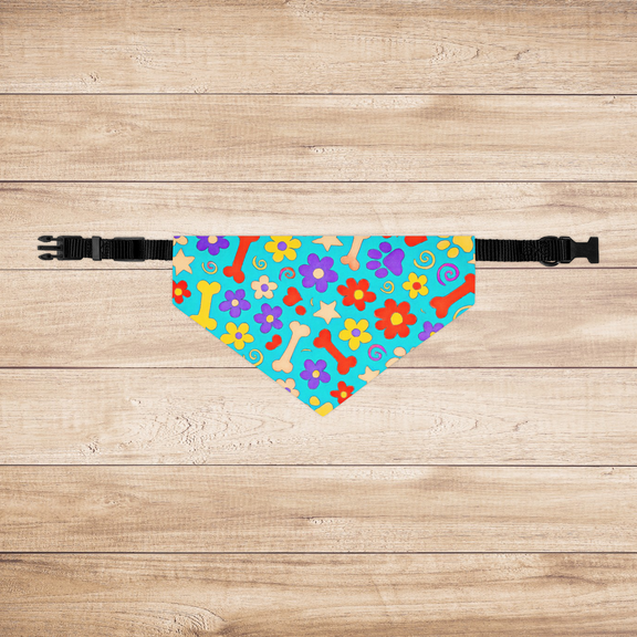 Medium bandana flat on wood background displaying colorful print