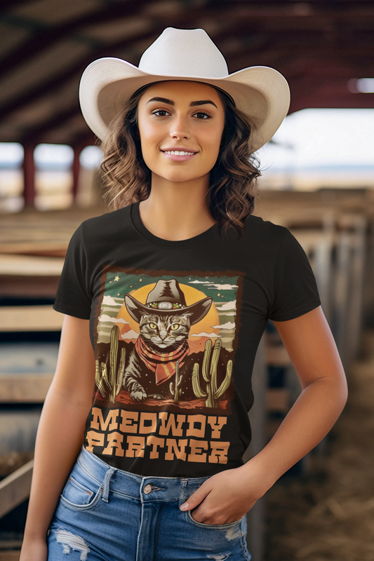 Smiling female model wearing the Black Heather Meowdy Partner Cowboy Cat T-Shirt, Western-themed tee with cat illustration and cacti