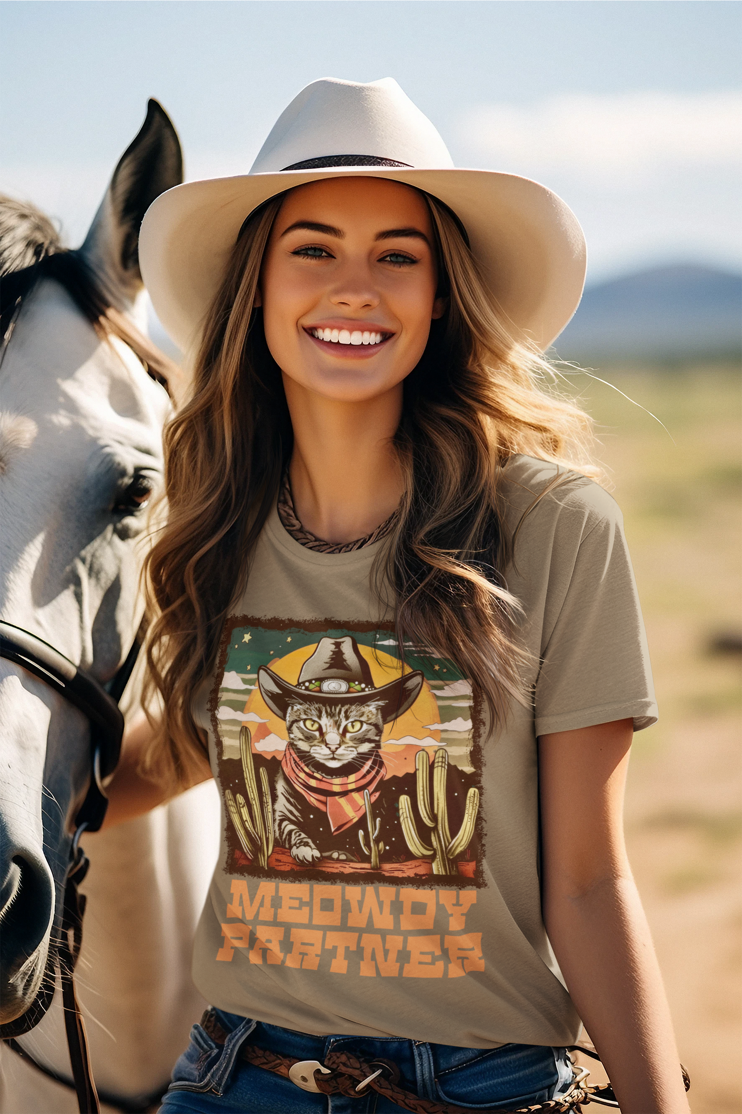 Cheerful female model wearing the Heather Olive Meowdy Partner Western Cat Tee, posing outdoors with a horse, featuring playful cat and cacti graphic