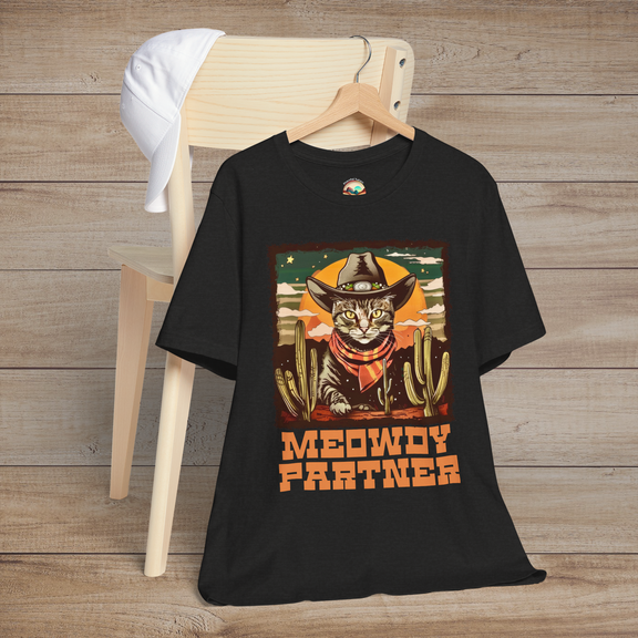 Meowdy Partner Funny Cowboy Cat T-Shirt in Black Heather, featuring a charming cat wearing a cowboy hat and neckerchief, with cacti and vintage Western style