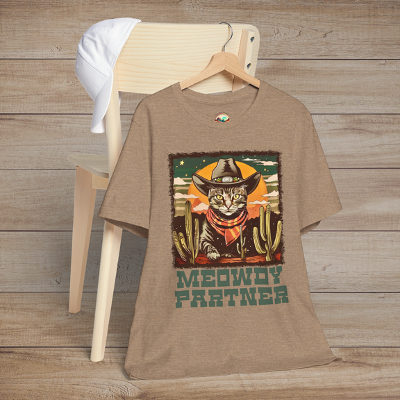 Heather Tan Meowdy Partner Western Cat Tee depicting a fun cat in cowboy gear, accented by desert cacti and retro Wild West graphics
