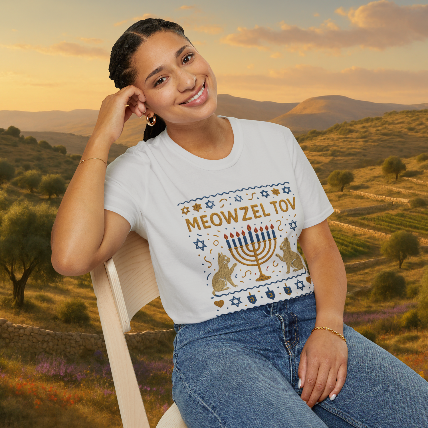 Smiling woman wearing an ice grey "Meowzel Tov" Hanukkah cat t-shirt featuring an embroidered-style menorah, cat silhouettes, dreidels, and Stars of David, with a scenic hillside background