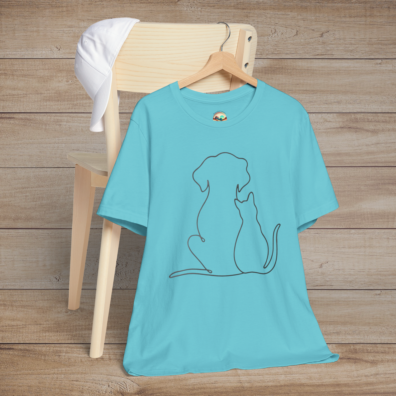🐾 Loyal Companions – Minimalist Dog & Cat Line Art Tee Turquoise