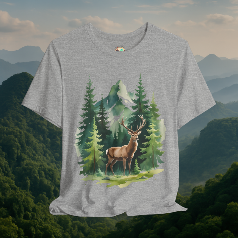 🦌 Misty Mountain Stag Graphic Tee – Forest Deer Shirt for Nature Lovers Athletic Heather