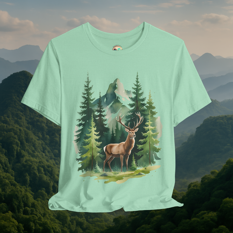 🦌 Misty Mountain Stag Graphic Tee – Forest Deer Shirt for Nature Lovers Heather Mint
