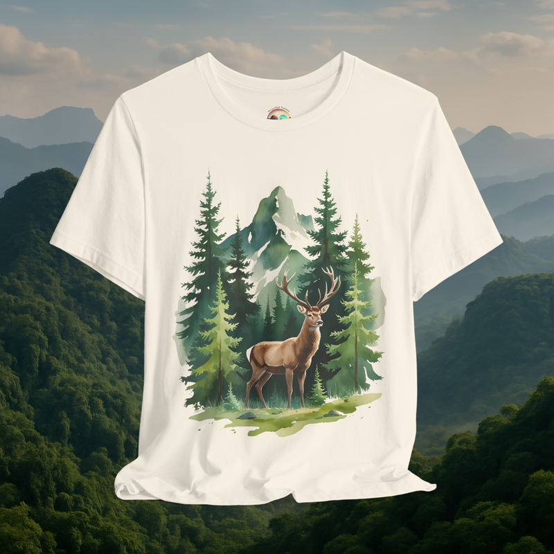 🦌 Misty Mountain Stag Graphic Tee – Forest Deer Shirt for Nature Lovers Natural
