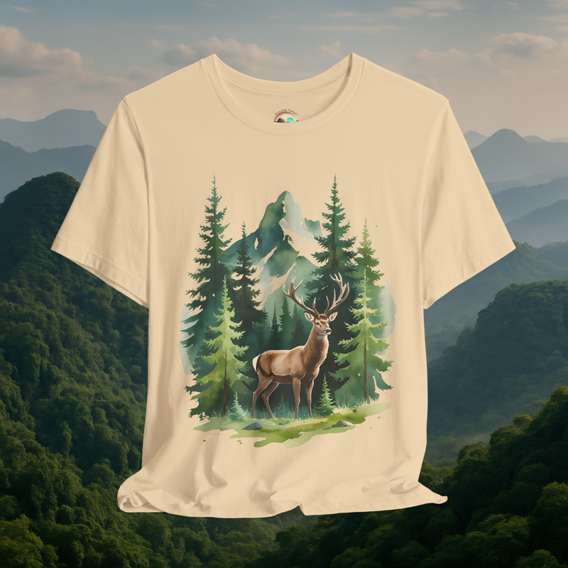 🦌 Misty Mountain Stag Graphic Tee – Forest Deer Shirt for Nature Lovers Soft Cream