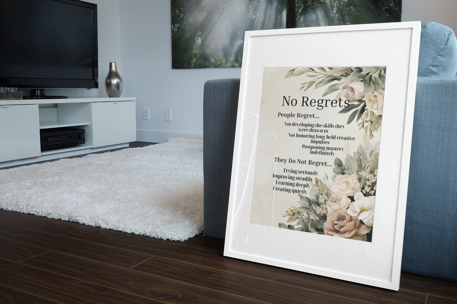 Mockup of a framed picture of philosophical quote surrounded by muted pastel bontanicals.