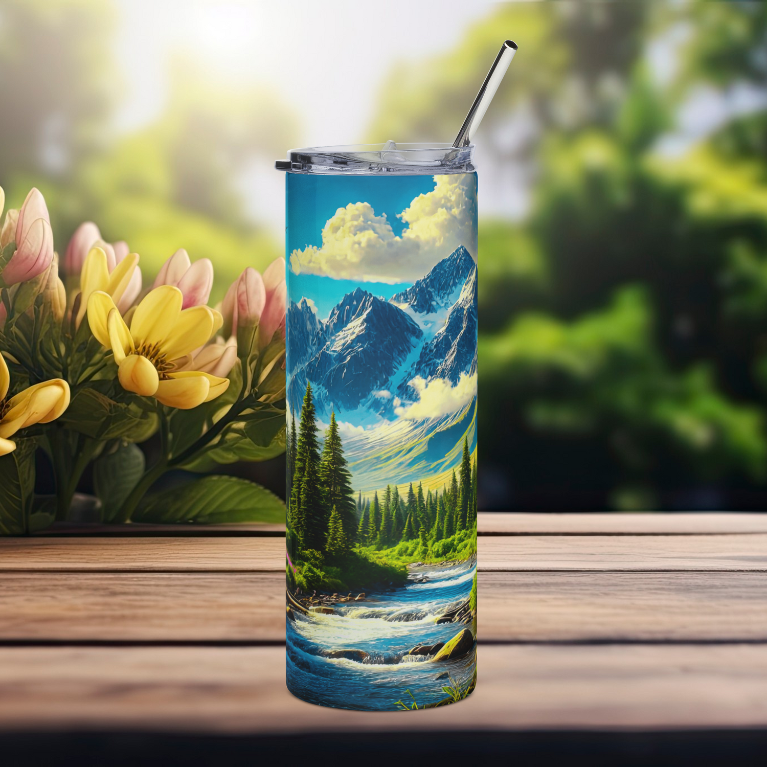 Front view of Mountain Escape 20oz stainless steel tumbler featuring alpine mountains, pine forest, and river artwork – insulated adventure drinkware by Peaceful Nature Designs