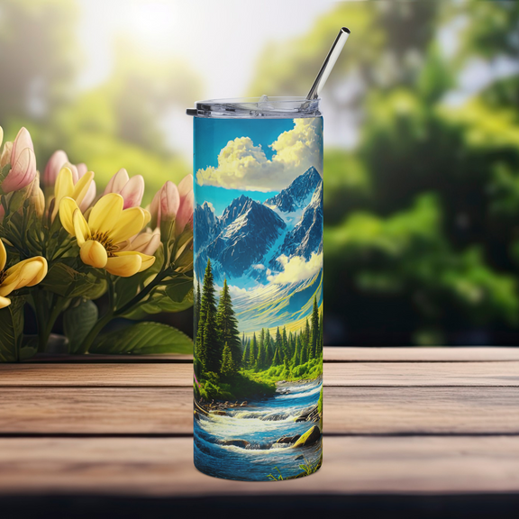 Front view of Mountain Escape 20oz stainless steel tumbler featuring alpine mountains, pine forest, and river artwork – insulated adventure drinkware by Peaceful Nature Designs