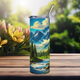 Front view of Mountain Escape 20oz stainless steel tumbler featuring alpine mountains, pine forest, and river artwork – insulated adventure drinkware by Peaceful Nature Designs