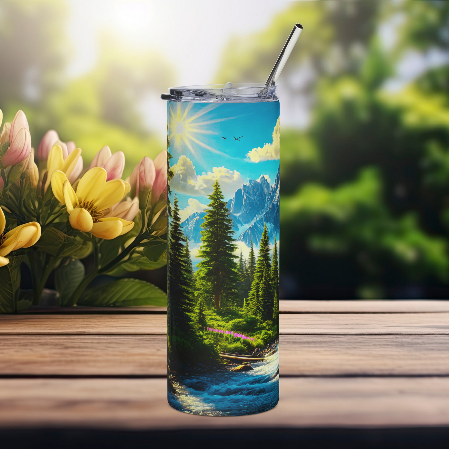 Left side of Mountain Escape 20oz stainless steel tumbler with mountain sunrise, tall pine trees, and scenic wilderness design – eco-friendly outdoor travel cup