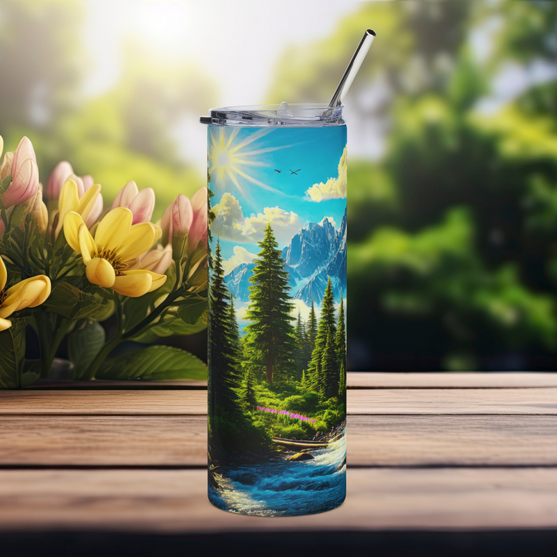 Left side of Mountain Escape 20oz stainless steel tumbler with mountain sunrise, tall pine trees, and scenic wilderness design – eco-friendly outdoor travel cup