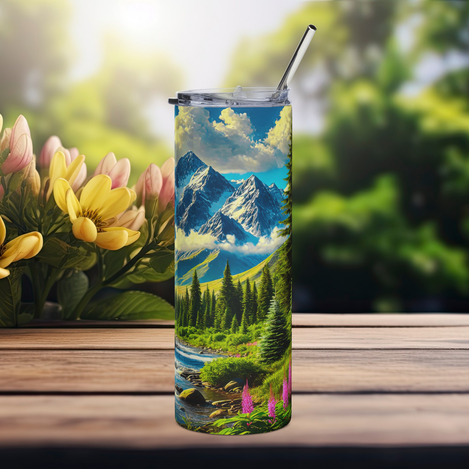 Right side view of Mountain Escape 20oz stainless steel tumbler showing snowy peaks, forest, and river valley artwork – insulated tumbler for hikers and nature lovers