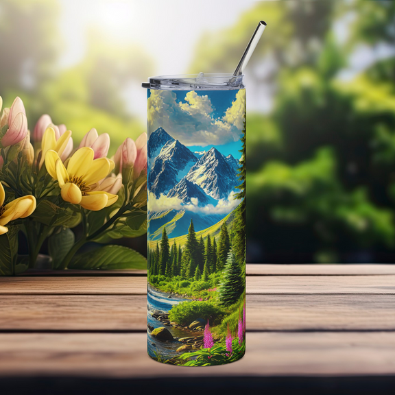 Right side view of Mountain Escape 20oz stainless steel tumbler showing snowy peaks, forest, and river valley artwork – insulated tumbler for hikers and nature lovers