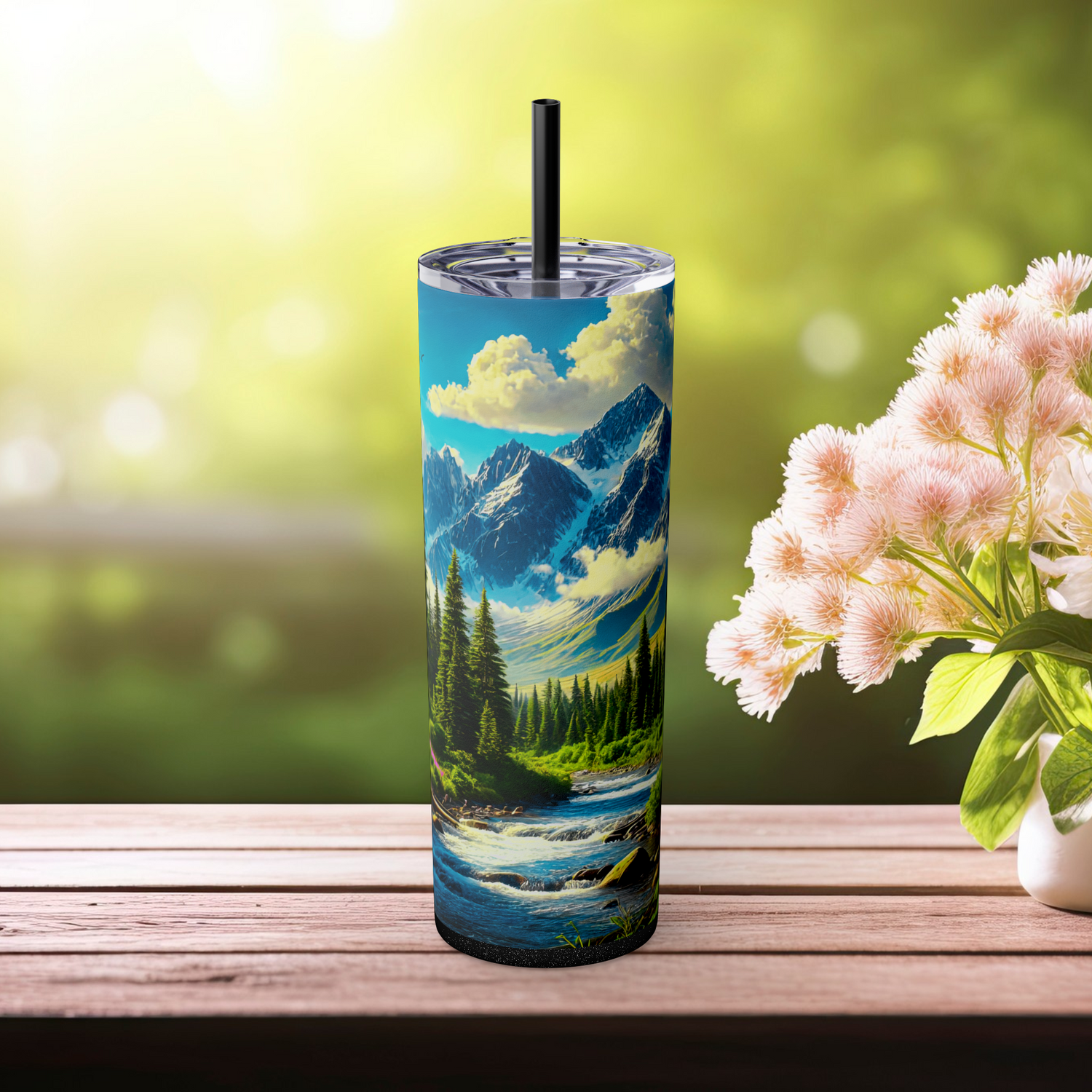 Skinny tumbler with a scenic mountain river design – glitter black variant, front view