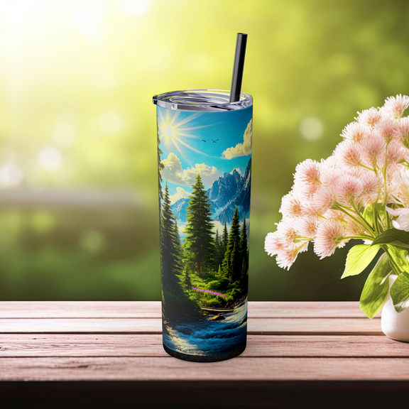 🏔️ Mountain Escape Skinny Tumbler with Straw, 20oz – Perfect for Outdoor Enthusiasts