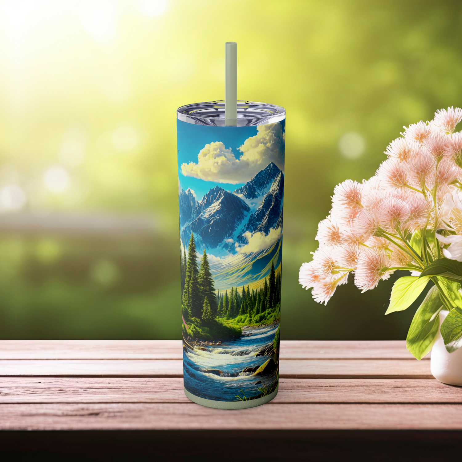 🏔️ Mountain Escape Skinny Tumbler with Straw, 20oz – Perfect for Outdoor Enthusiasts Glossy Glitter Seascape 20oz