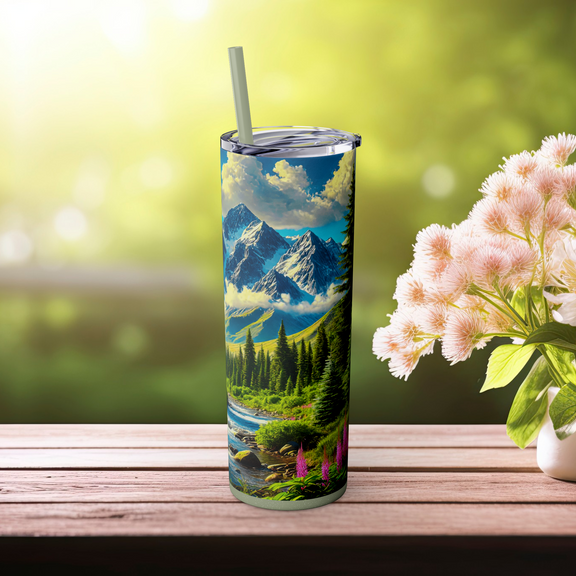 🏔️ Mountain Escape Skinny Tumbler with Straw, 20oz – Perfect for Outdoor Enthusiasts