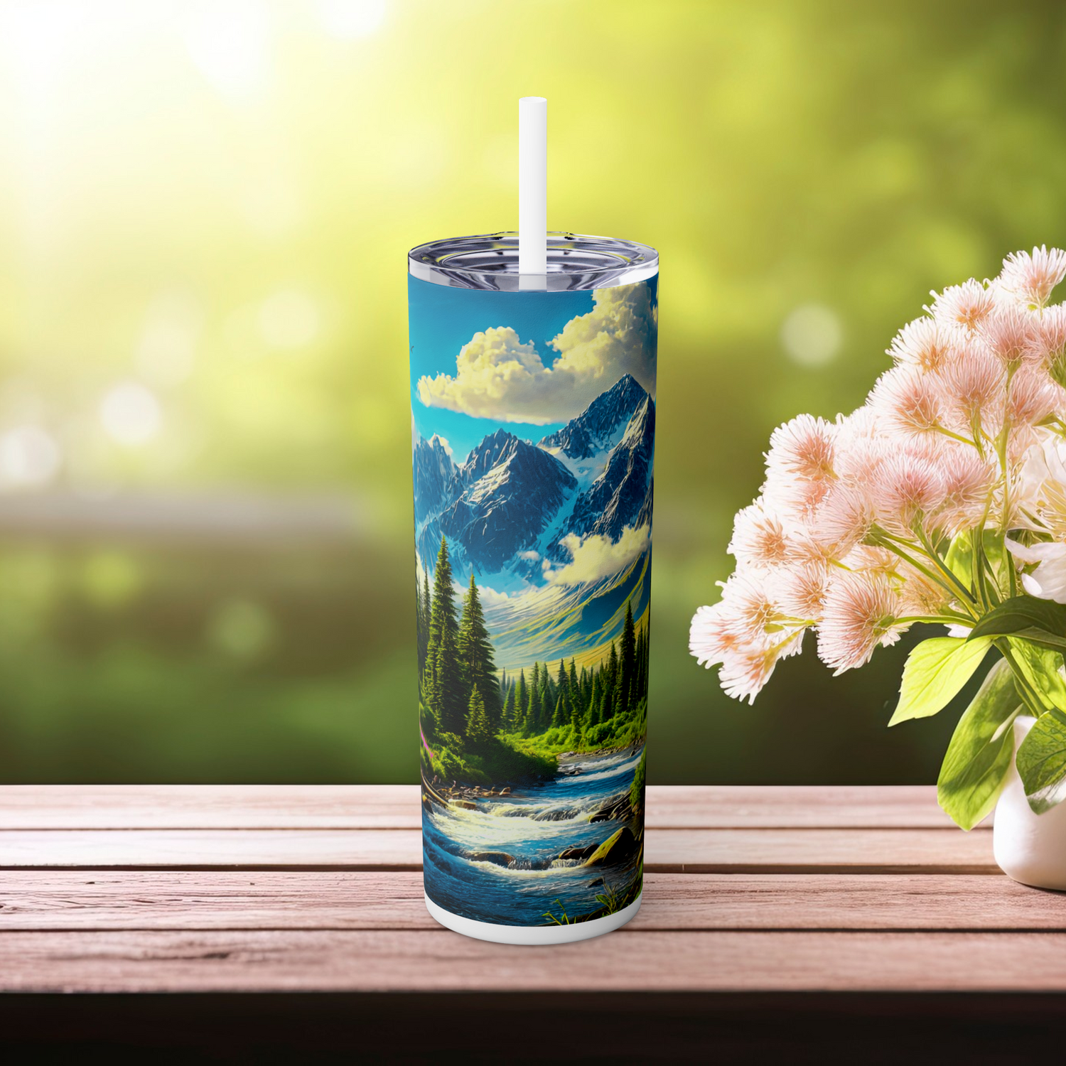 🏔️ Mountain Escape Skinny Tumbler with Straw, 20oz – Perfect for Outdoor Enthusiasts Glossy White 20oz