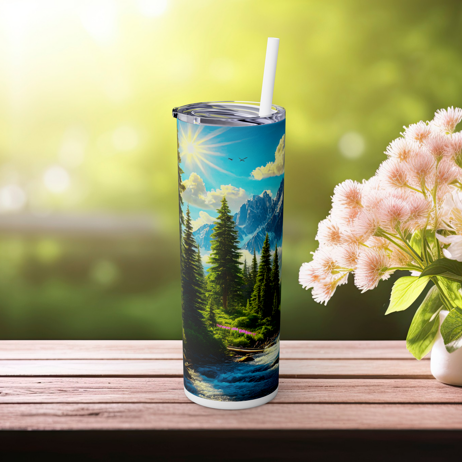 🏔️ Mountain Escape Skinny Tumbler with Straw, 20oz – Perfect for Outdoor Enthusiasts