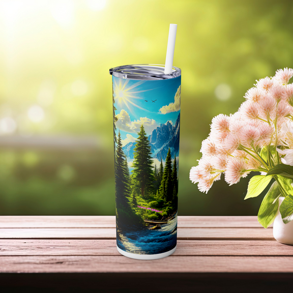 🏔️ Mountain Escape Skinny Tumbler with Straw, 20oz – Perfect for Outdoor Enthusiasts