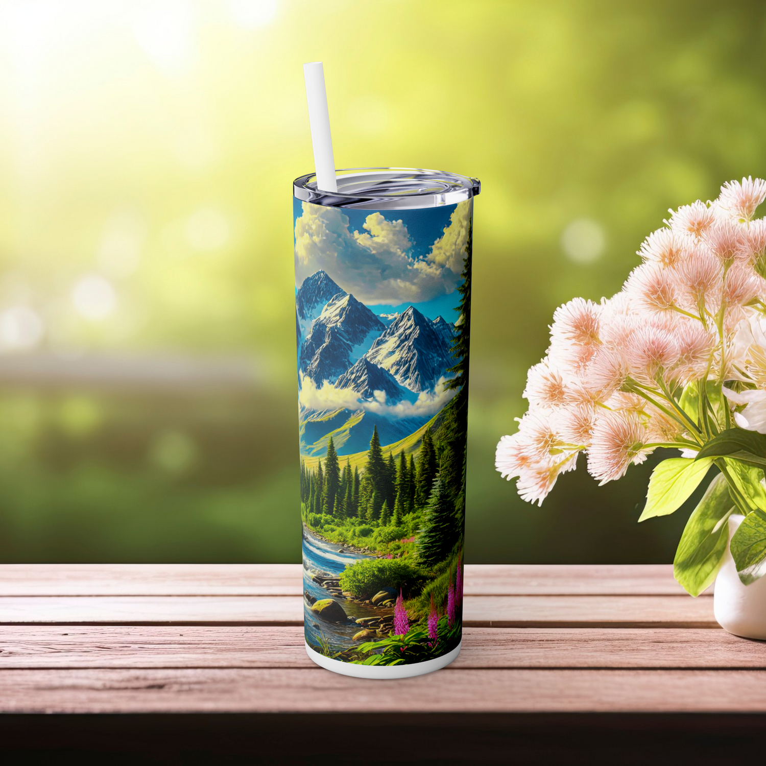 🏔️ Mountain Escape Skinny Tumbler with Straw, 20oz – Perfect for Outdoor Enthusiasts