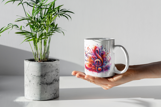 The Musical Notes Watercolor Mug held in a bright minimal setting, showcasing the vivid treble clef design with flowing paint strokes