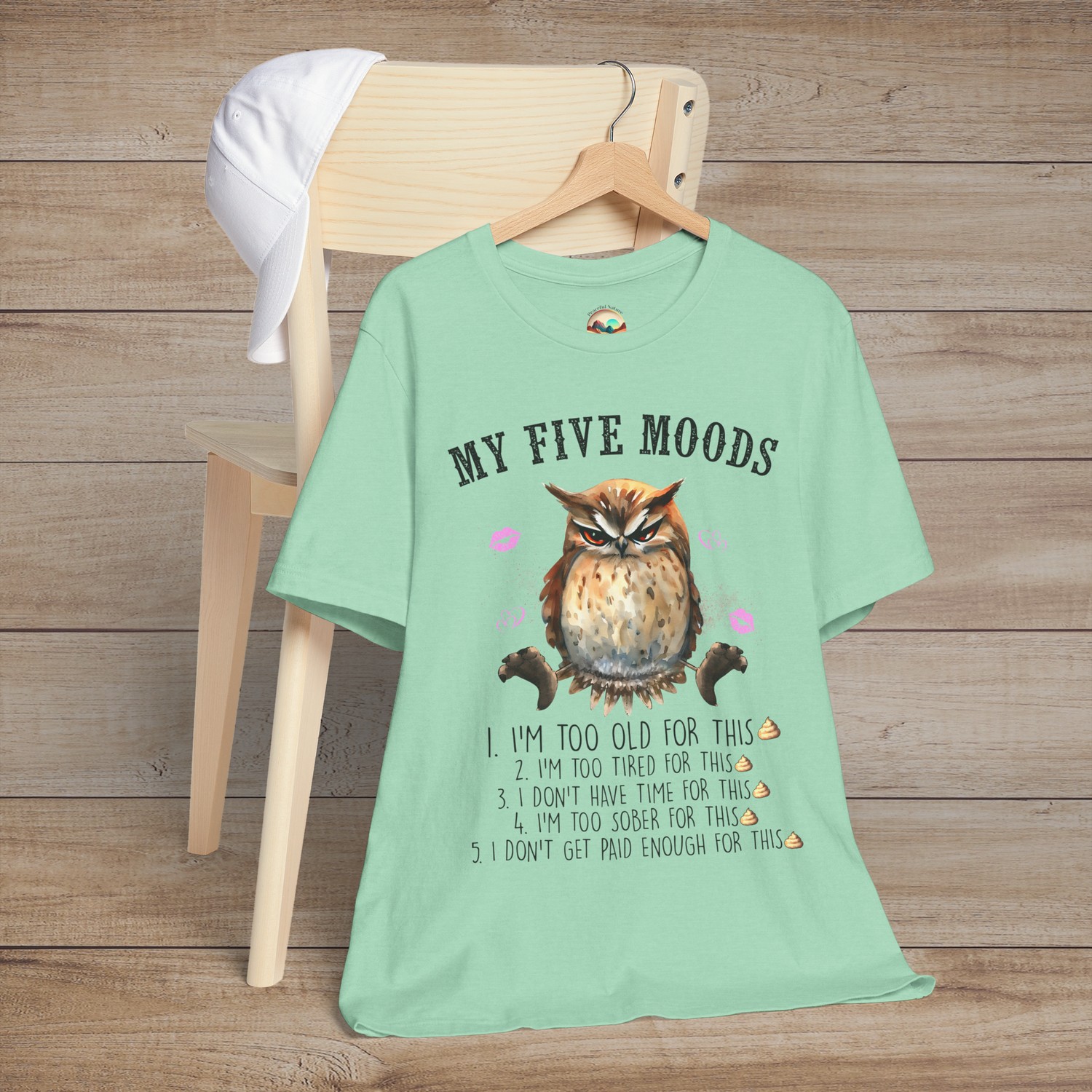 The My Five Moods T-Shirt – Funny & Sarcastic Owl Tee for Adults Heather Mint