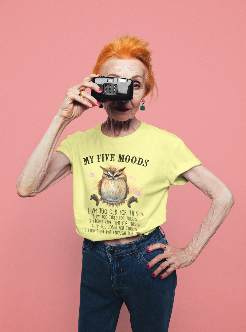 The My Five Moods T-Shirt – Funny & Sarcastic Owl Tee for Adults