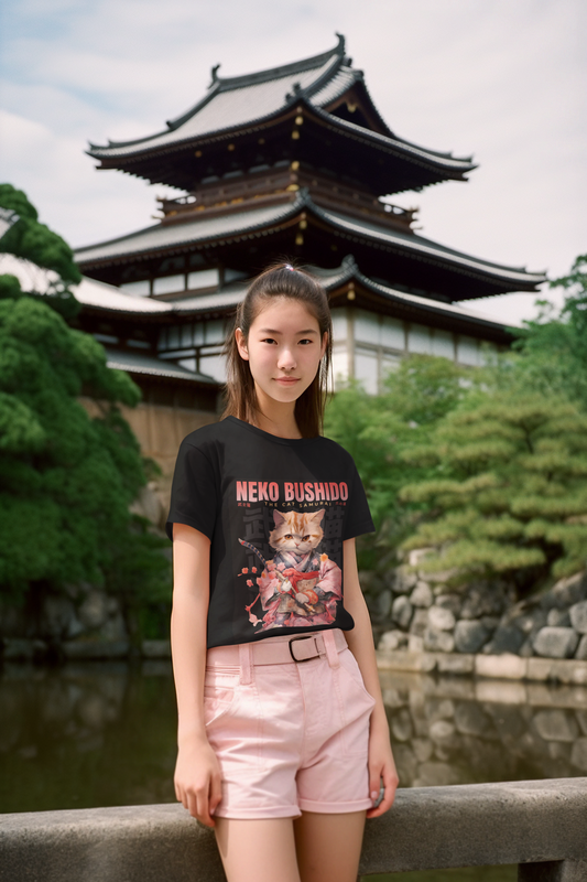 Young woman wearing the Neko Bushido Cat Samurai black t-shirt in front of a traditional Japanese temple. 🐱⛩️👘