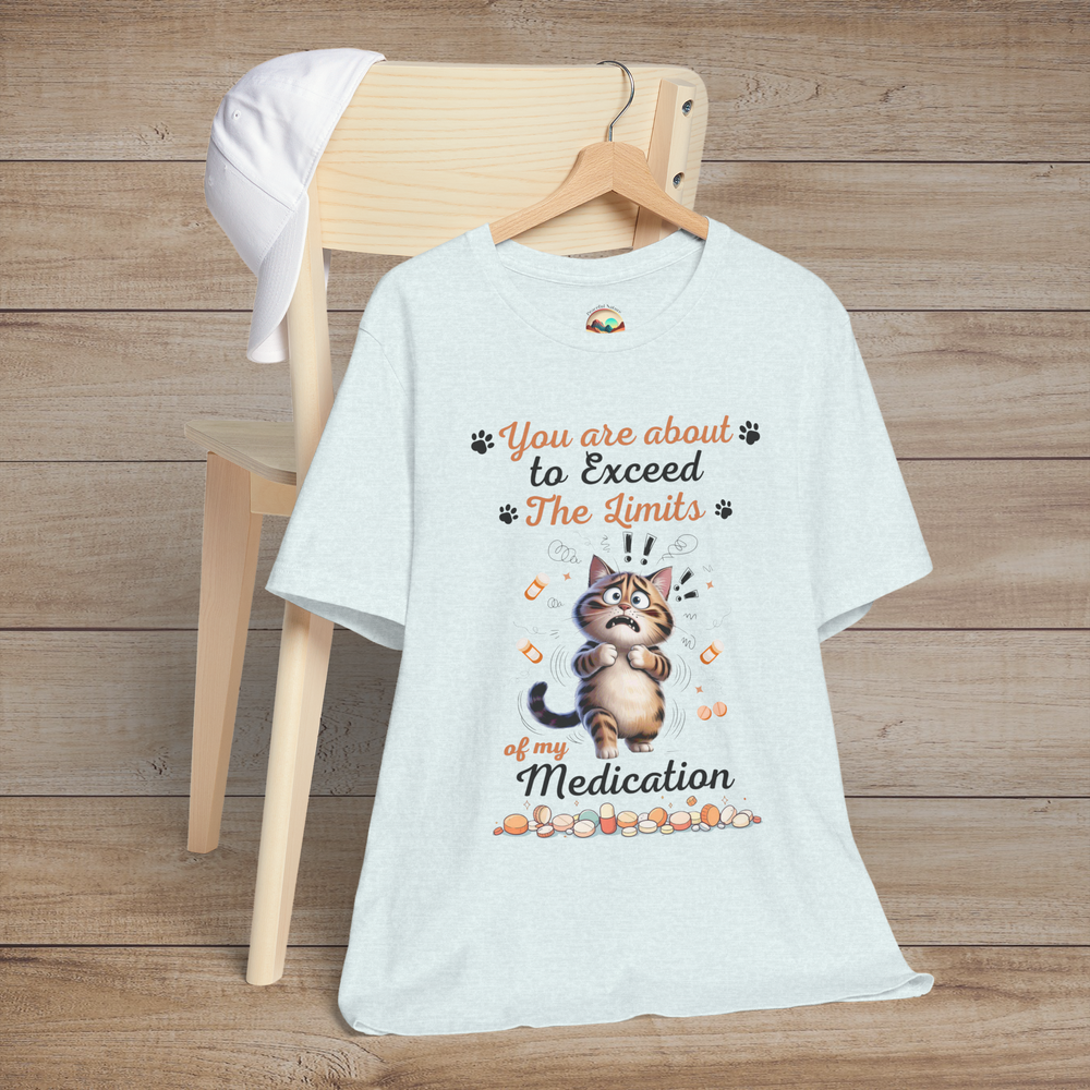 Funny heather ice blue t-shirt with a cat graphic and text on a wooden background