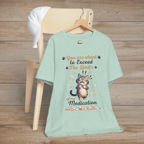 Funny heather prism mint green t-shirt with a cat graphic and text on a wooden chair.