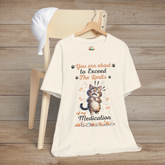 Funny natural white t-shirt with a cat graphic and text on a wooden background