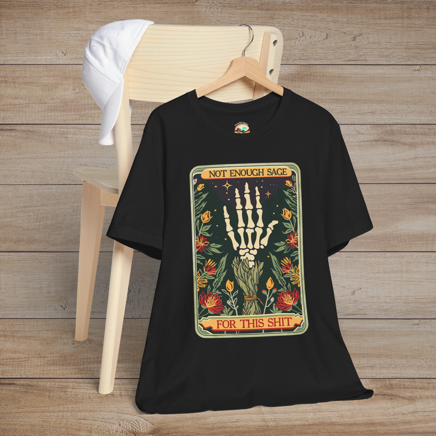 Black Not Enough Sage for This Sh*t T-Shirt with skeleton hand and sage graphic, combining goth, hippie, and boho style