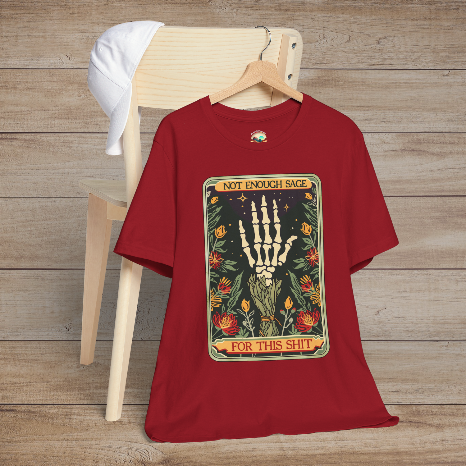 Canvas Red Not Enough Sage for This Sh*t T-Shirt featuring artistic skeleton hand and sage plants design in goth-boho aesthetic