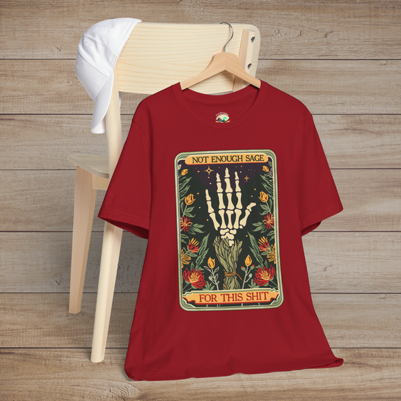 Canvas Red Not Enough Sage for This Sh*t T-Shirt featuring artistic skeleton hand and sage plants design in goth-boho aesthetic